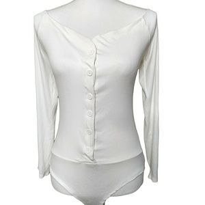 Fashion Nova Cream Ribbed Long Sleeve Button Up Low Cut Bust Body Suit